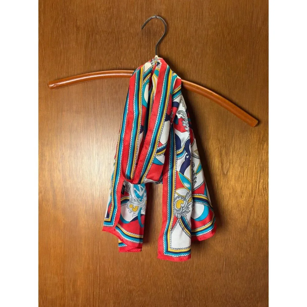 Vintage Nautical 100% Silk Scarf Red White Blue Made in Japan